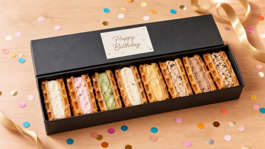 黒いギフト箱に並んだ色とりどりのワッフルケーキとHappy Birthdayのカード