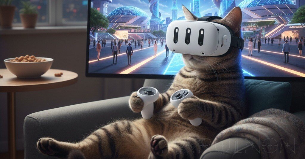 VRゴーグルをつけてメタバースを楽しむ猫の画像。