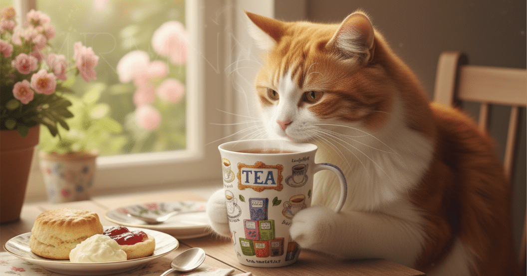 ダヌーンのマグカップでティータイムを楽しむ猫｜大き目マグカップ紹介記事のアイキャッチ画像