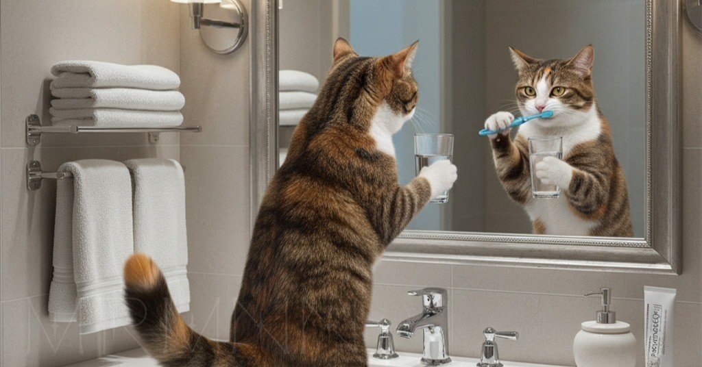 洗面所の鏡に自分自身を映しながら歯磨きしている猫。