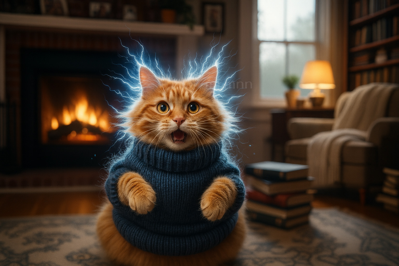 冬の乾燥で静電気が発生して毛が逆立ち、驚いた表情をしている猫