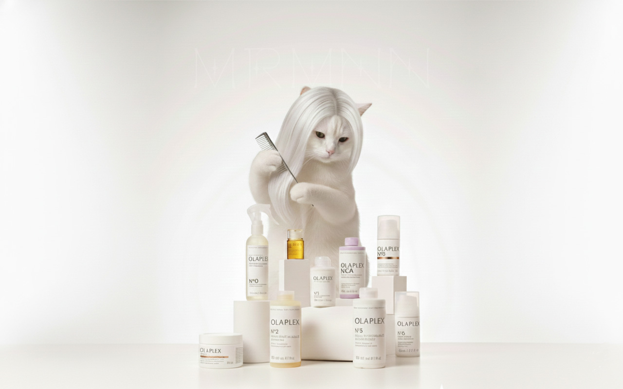 きれいにブリーチした髪の毛を梳かす白猫。目の前にはオラプレックスのヘアケア製品が並ぶ。