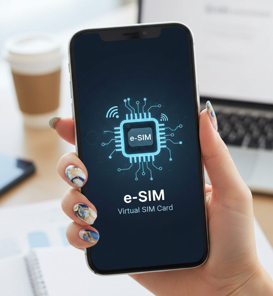 画面にeSIMをイメージした画像が写っているスマホを持った女性の手。