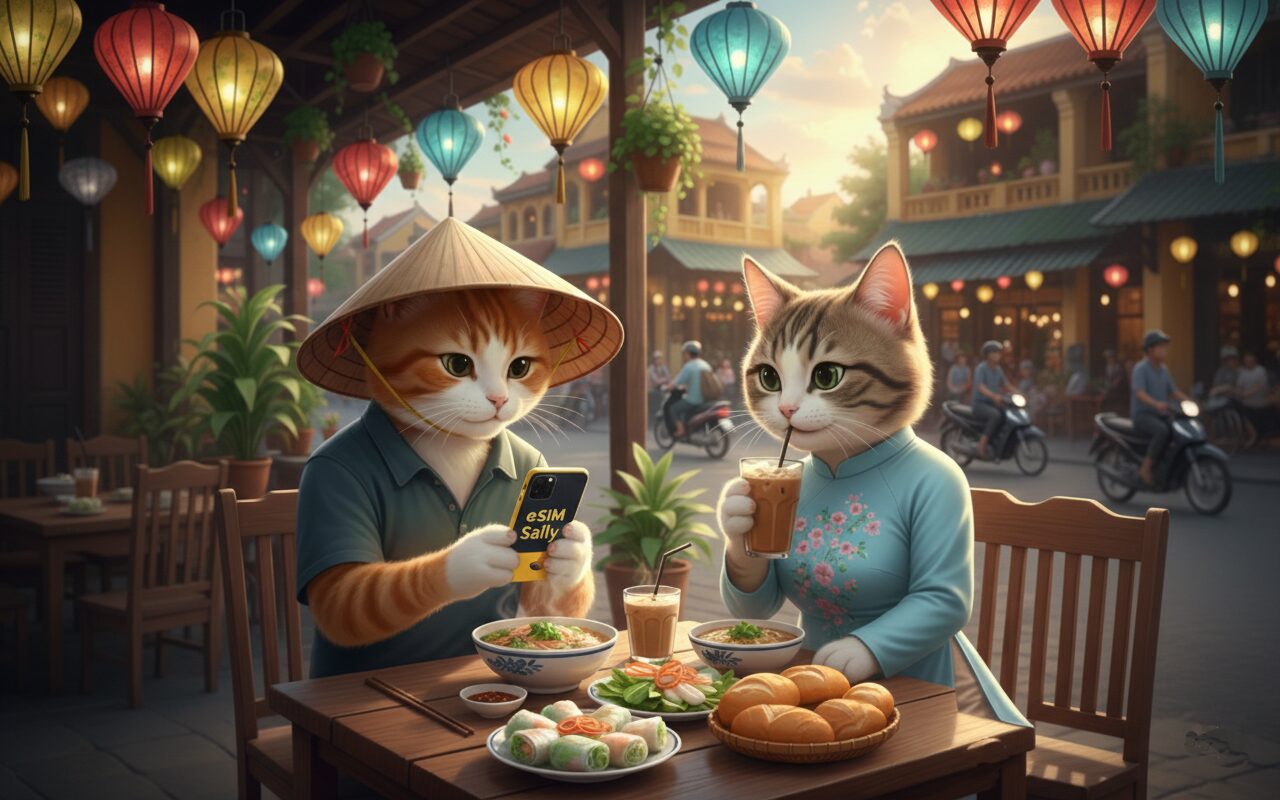 ベトナム旅行を楽しむ猫カップル。食事をしながら、次の目的時を相談している。