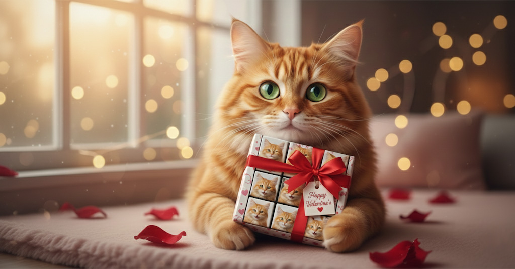 チョコレートのギフトをもらってうれしすぎてキョトンとしている猫の画像。