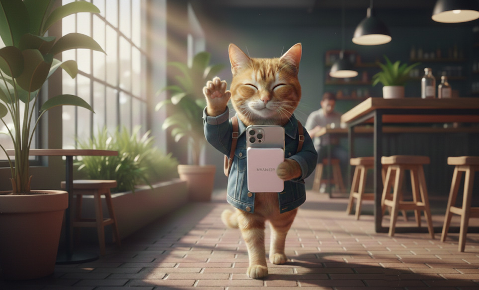 モバイルバッテリーをくっつけたスマホを持って、片手をあげて友達に挨拶をしている猫の画像