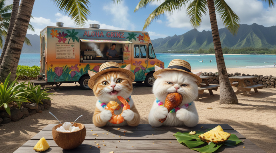 ハワイ旅行を楽しむ猫ら。ビーチでガーリックシュリンプとフリフリチキンをほおばってうれしそうな様子。