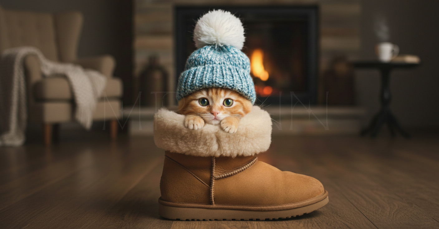 ムートンブーツの中に入ってこちらを見つめるかわいい子猫の画像