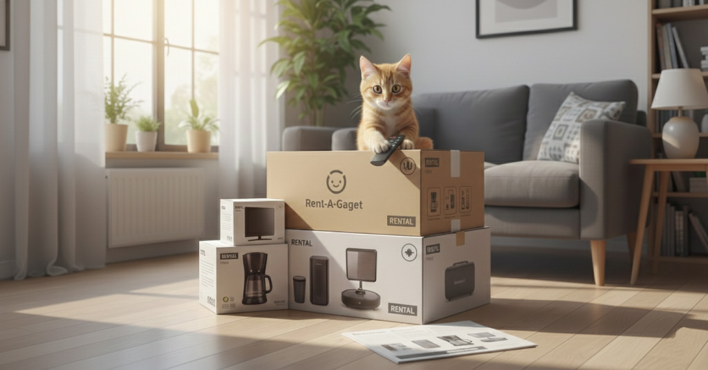 レンタルサービスで借りたガジェットの箱に乗ってご満悦の子猫の画像。