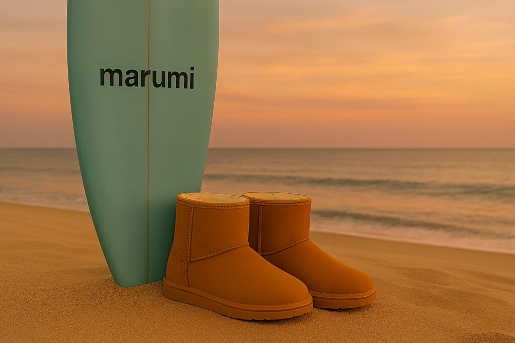 夕暮れの海。砂浜に、marumiというロゴの入ったサーフボードとムートンブーツが並べて置いてある。