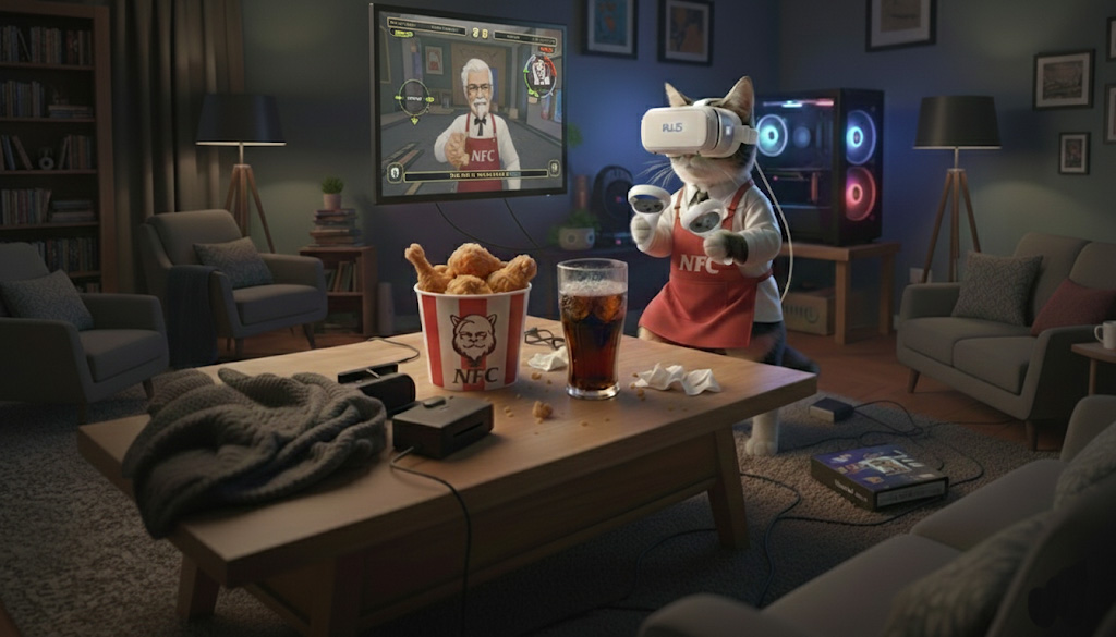 PCVRでケンタッキーフライドチキンの研修ゲームを遊んでいる猫の画像。テーブルにはチキンとコーラが置いてある。