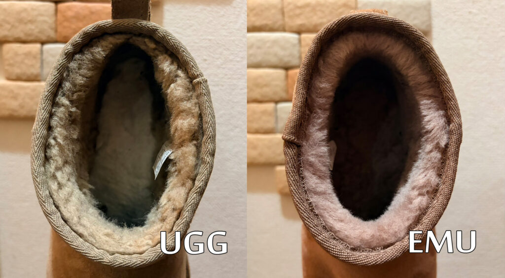 UGGとEMUのムートンブーツの履き口を拡大して比較している写真。