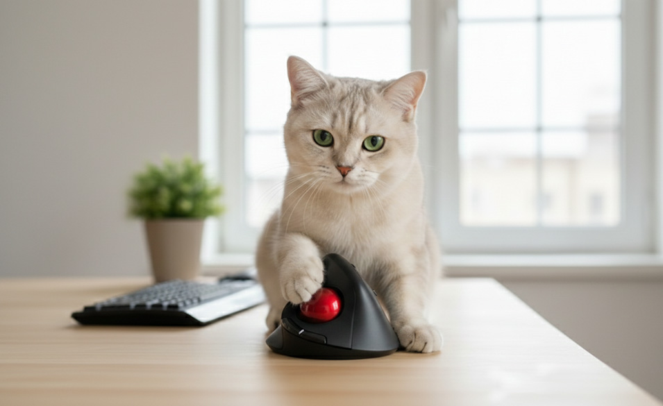 テーブルに置かれたエルゴノミクスマウスのトラックボールにじゃれている猫。