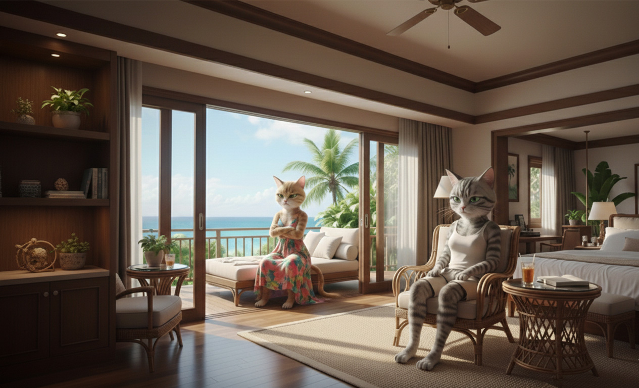 女友達同士でアジアンリゾートに来た猫2匹。旅行中の不機嫌が元で気まずい空気が漂うホテルの部屋。