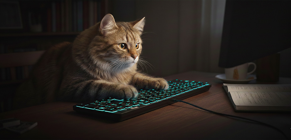 暗い部屋で青いバックライトがきれいに光るキーボードでパソコンを操作している猫の画像。