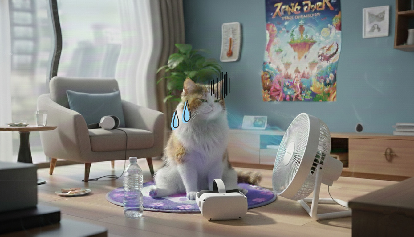 VRで遊んでいたら３D酔いを起こして気持ち悪くなってしまった猫。床に座って扇風機の風にあたっているが、部屋はゆらゆら揺れているように見える。