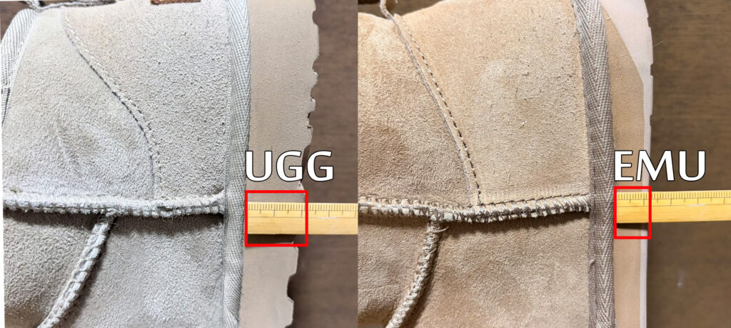 UGGとEMUのかかとからソールを拡大して横に並べ、靴底の厚みを比較している写真。