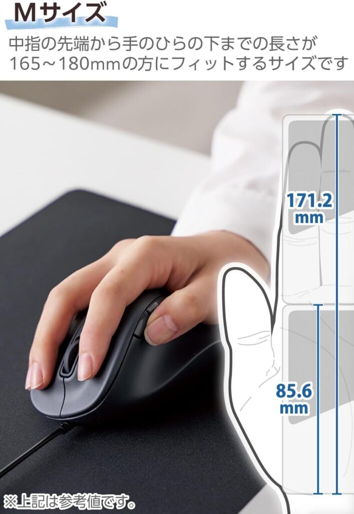 エレコムの有線マウス「EX-G」シリーズМサイズのサイズ指標の図解。