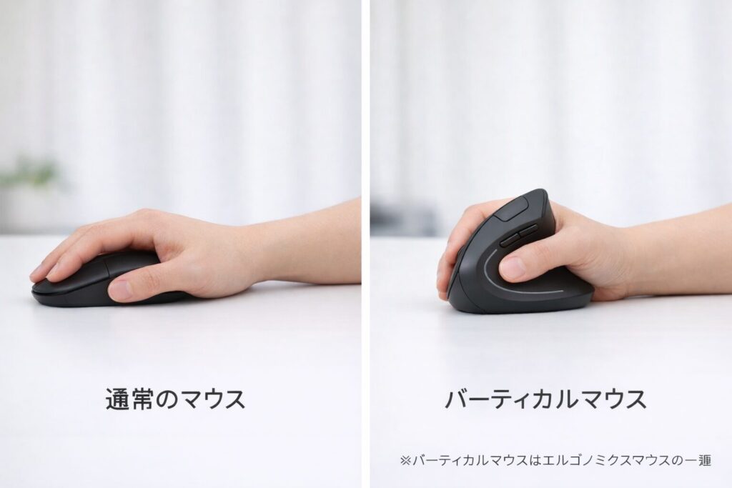 通常マウスとバーティカルマウスを持ったところの比較画像。