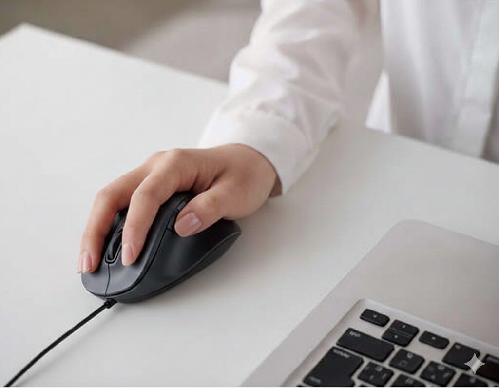 バーティカルマウスでPC作業をしている女性の手のアップ。