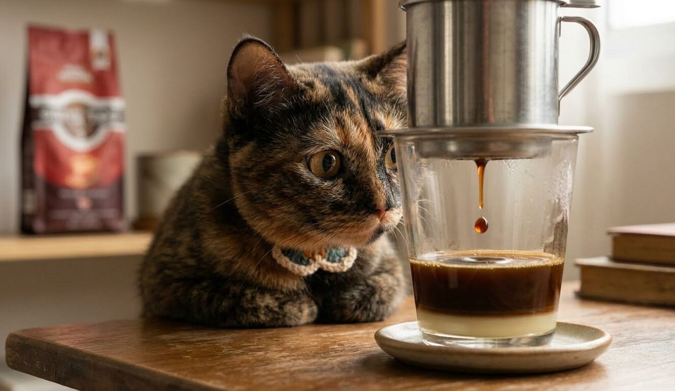 ベトナムのフィンでコーヒーを作っている猫。テーブルに置かれた金属製のドリッパーから一滴一滴したたり落ちるコーヒーを見つめている。