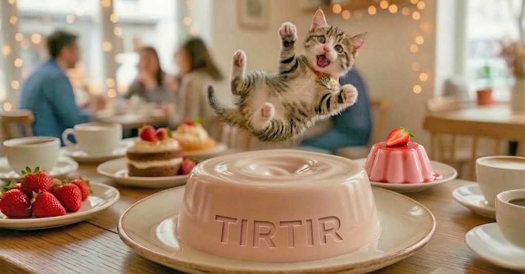 ピンク色の大きなプリンの上を楽しそうにバウンドしている猫