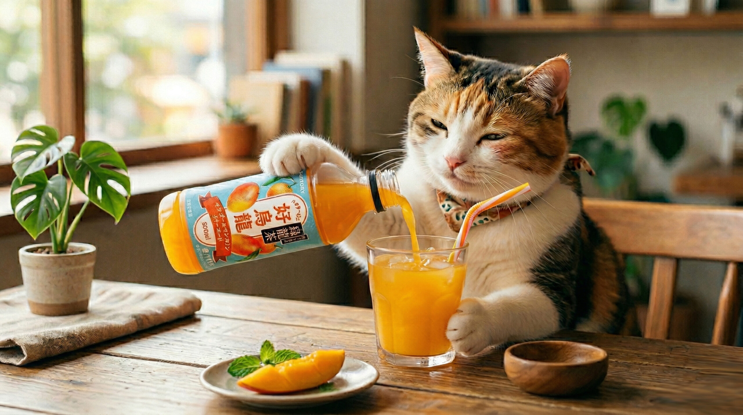 好烏龍をグラスに注ぐ猫。片手にボトル、片手はグラスに添えて、とても幸せそうな表示をしている。