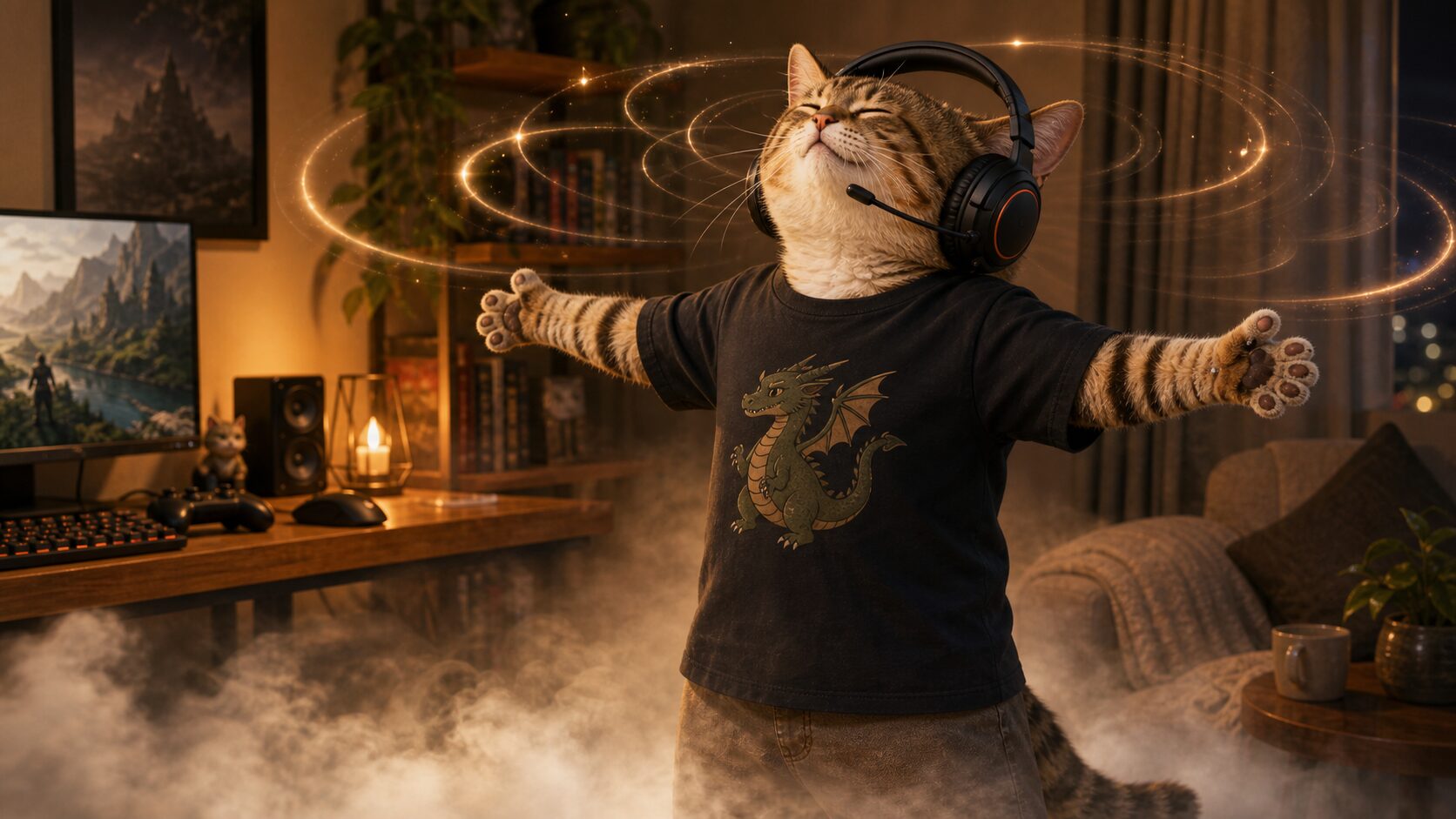 JBL Quantum 300をつけて音楽の臨場感に浸り、両手を広げる猫