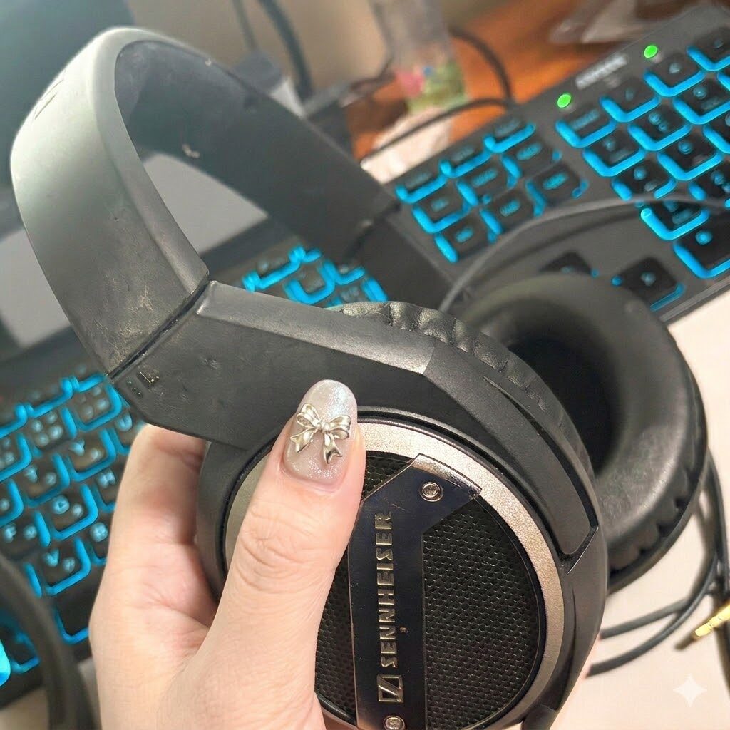 使い込まれたゼンハイザーのヘッドホンを持つ女性の手。