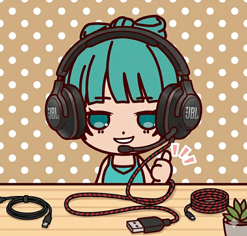 まるみのん。のキャラクター「まる美」がJBLのゲーミングヘッドホンをつけてサムズアップしている様子。