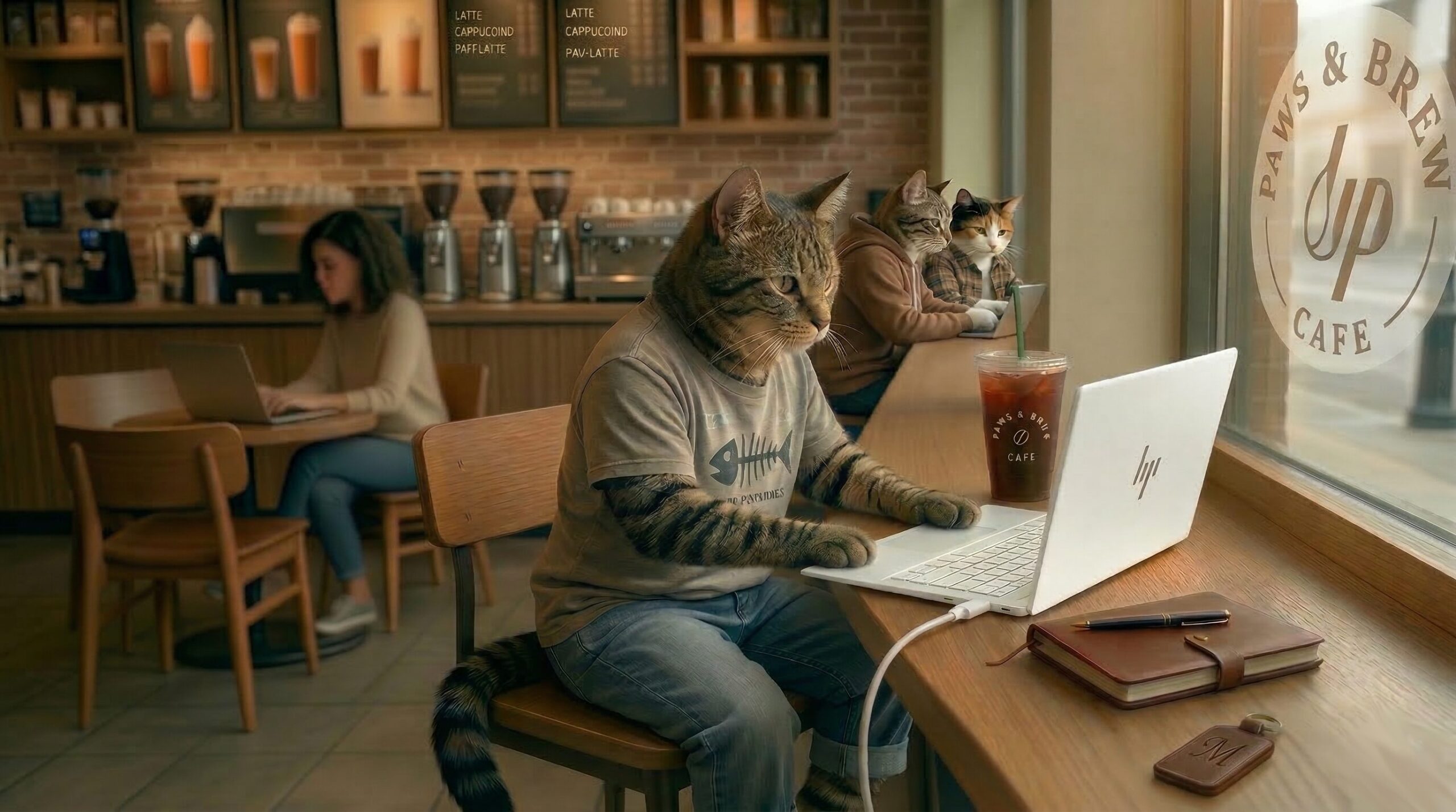 カフェで真っ白いノートパソコンを使ってブログを更新している猫の様子