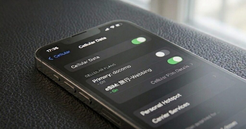 iPhoneのCellular Data設定画面でeSIM（Saily）がオンになっている状態