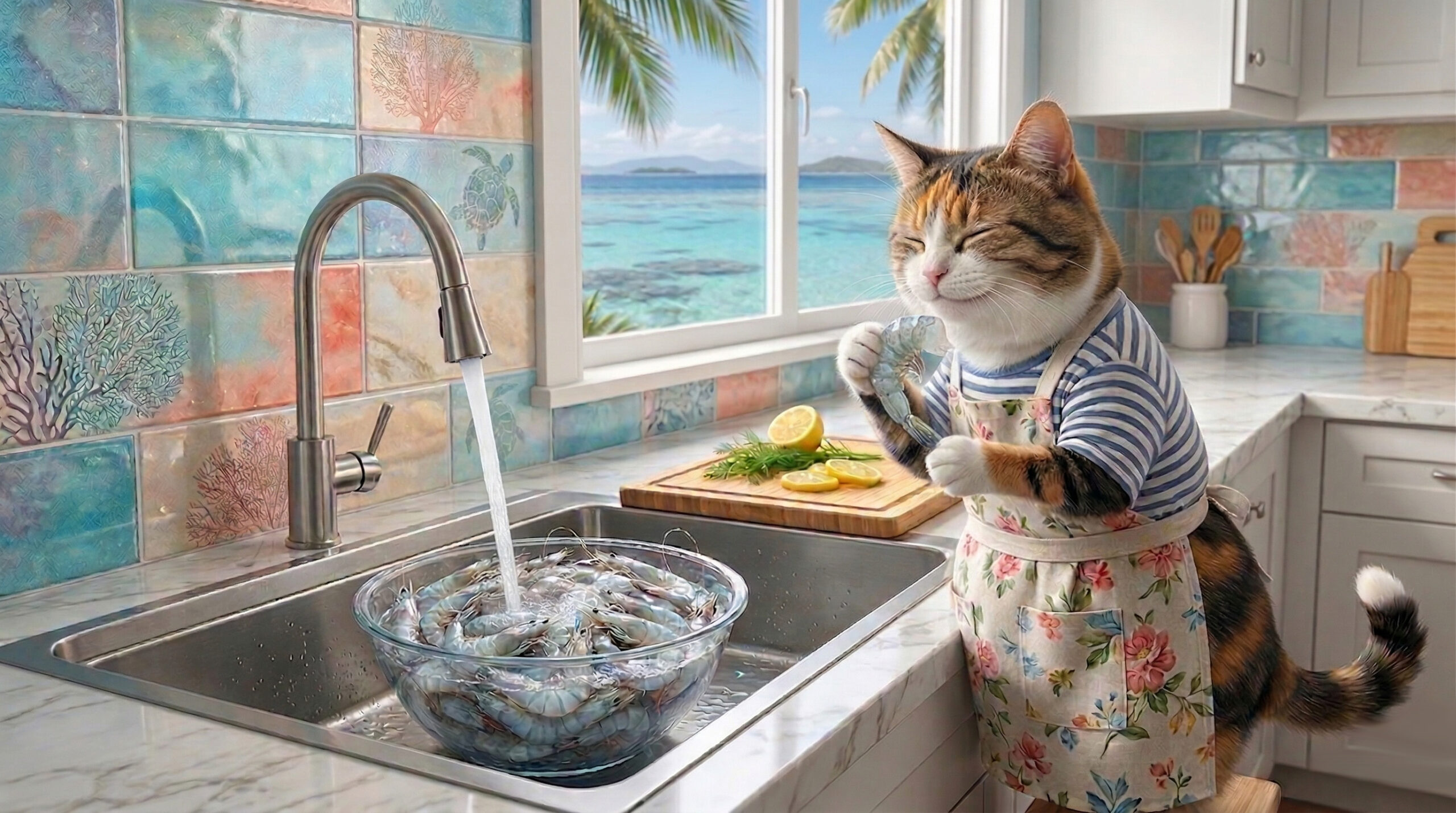 ニューカレドニアの至宝、「天使の海老」を南国の海辺のキッチンで堪能する、エプロン姿の三毛猫。ボウルには透き通った青色の海老がたっぷり入り、窓の外には美しい海とヤシの木が広がる様子。