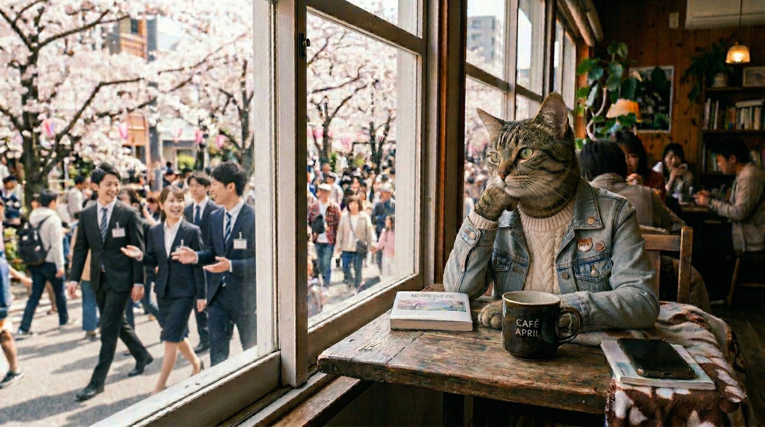 カフェの窓から、桜が咲き、新生活を始めた人が行きかう4月の浮かれた風景を冷めた目で見ている猫の画像。