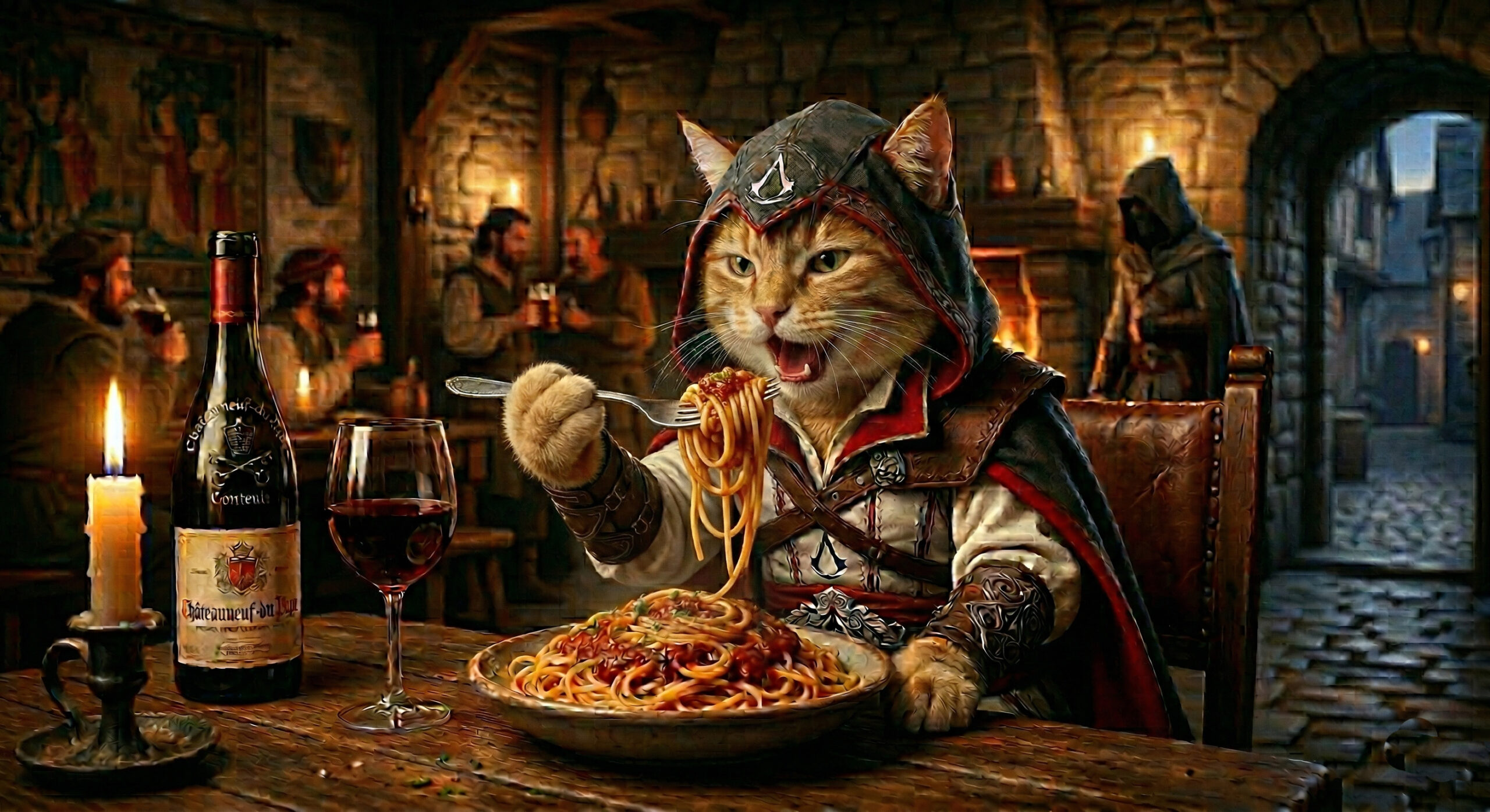 「暗殺者」といえば、アサシンクリード（というゲーム）のアサシン。その特徴的な衣装を身に着けた猫が、美味しそうにスパゲティを食べている様子