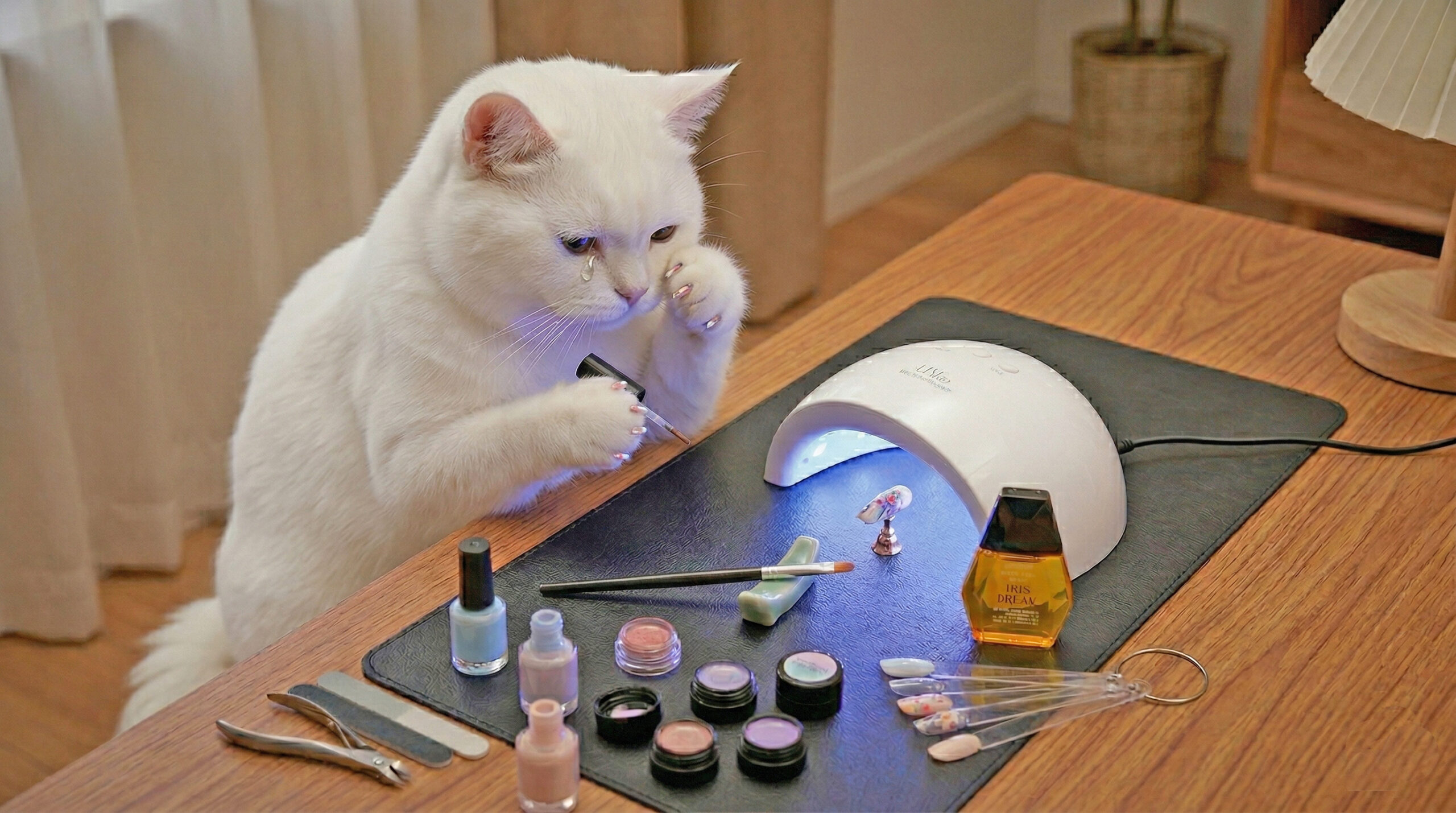 『指先を楽しむ日は、目のケアもセットで』。UVライトで真剣にネイルする猫と、その隣に置かれた光ダメージケア目薬『アイリスフォンブレイク』。