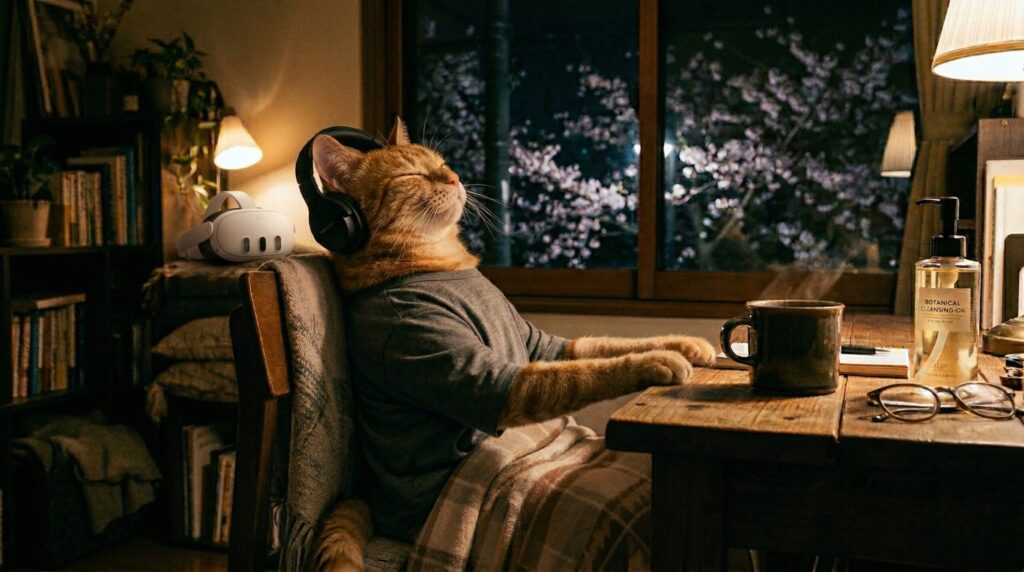 4月の夜、自分だけの静かな時間
を堪能している猫。薄暗い部屋でヘッドホンをつけてくつろいでいる。テーブルにはコーヒーカップとクレンジングオイルのボトルが置いてある。窓の外には桜が見えるが、猫は窓の外には興味なさそう。