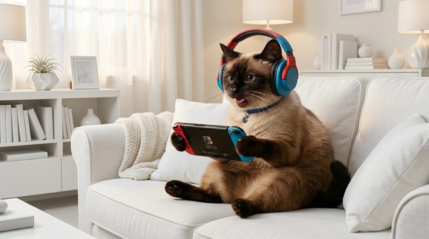 太目のシャム猫がソファに座り、Nintendo Switchでリズムゲームを楽しそうにプレイしている。