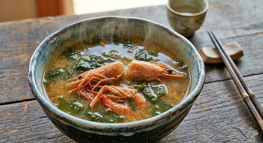 「天使の海老」の身を食べた後に残った頭と殻を活用し、わかめと一緒に作った具だくさんの海老汁。立ち上る湯気と、海老の濃厚な出汁が溶け出した琥珀色の味噌汁が、食欲をそそる。