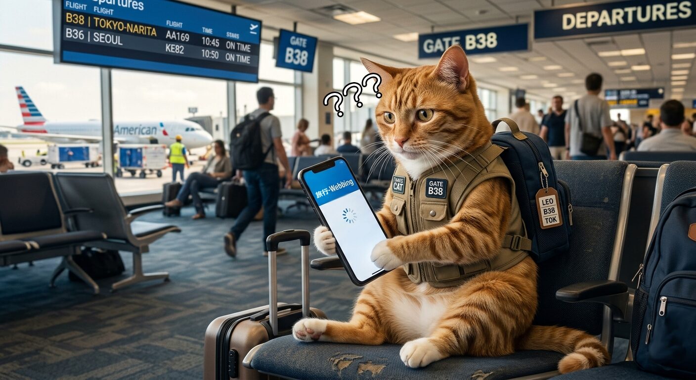 空港のゲートで「旅行-Webbing」と表示されたスマホを持ち、頭上に？マークを浮かべて困惑している猫