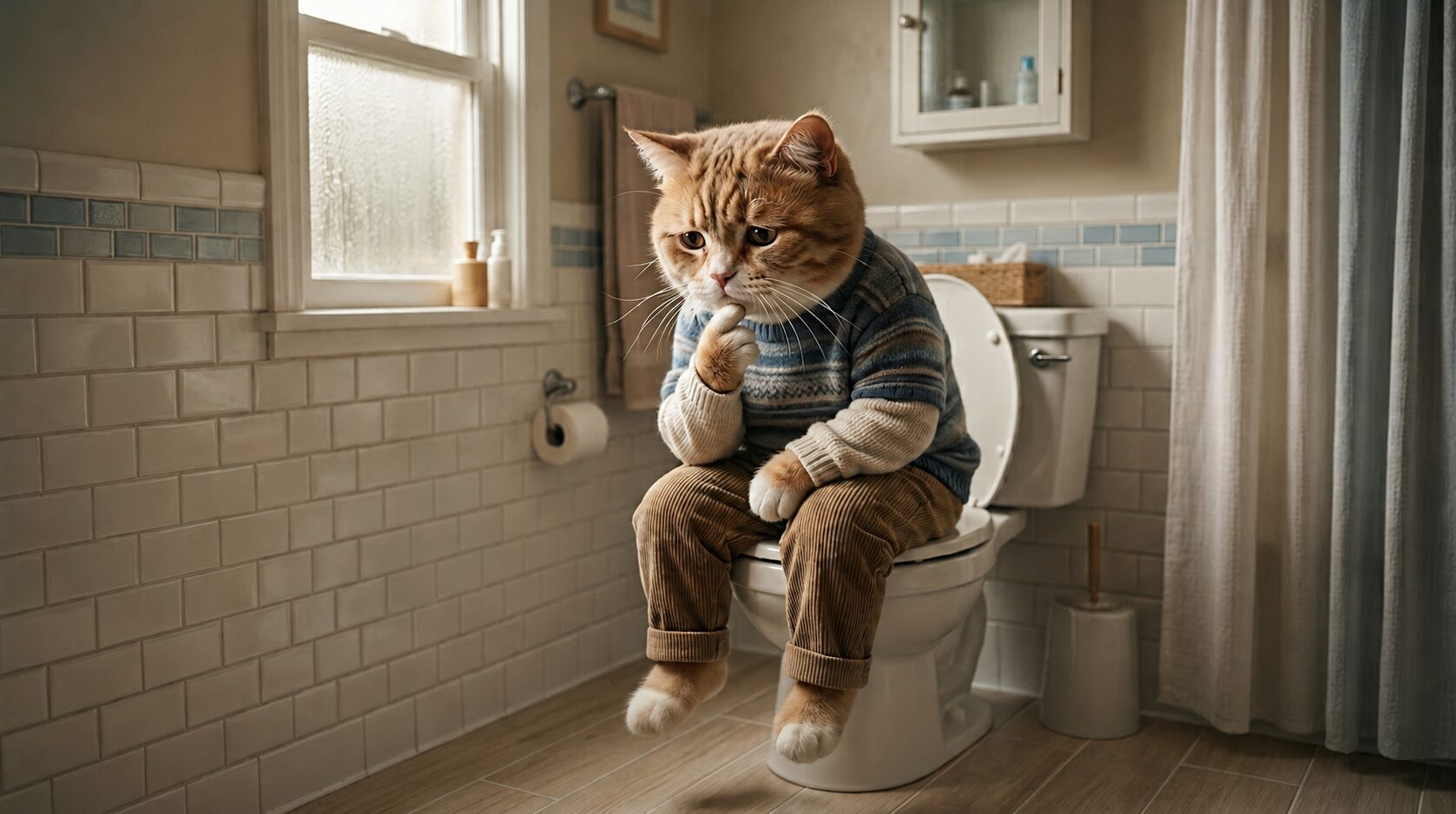 トイレに座って指を唇に当て、暗い表情で辛そうにしている猫の様子。