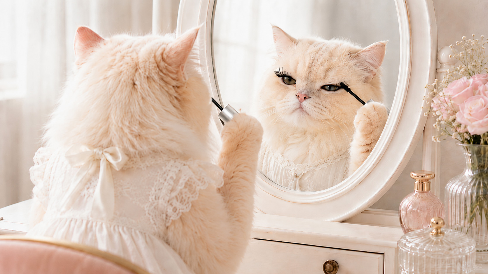鏡に向かって半眼になりながらまつ毛の手入れにいそしむ女子猫の様子。