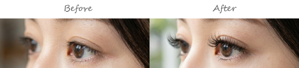 女性の目元のアップ。まつ毛美容液を使う前と使って1か月経った後のビフォーアフター写真。