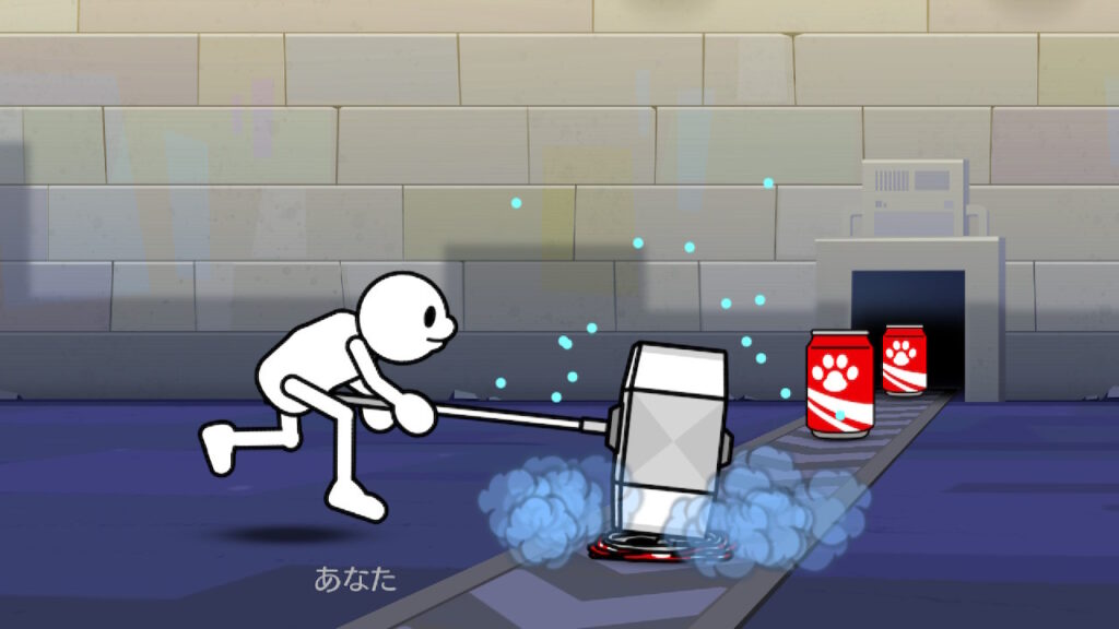 リズム天国ミラクルスターズのプレイ画面。大きなハンマーで缶をリズムよくつぶしていくゲーム。掛け声と効果音がセットで耳に残る場面