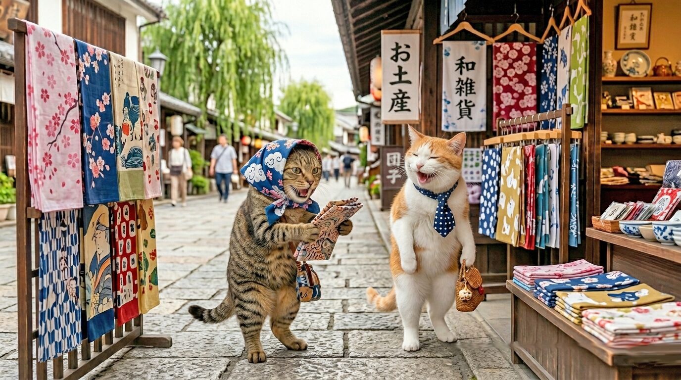 手ぬぐい好きの2匹の猫が、旅先の店でお土産の手ぬぐいを楽しそうに選んでいる様子。