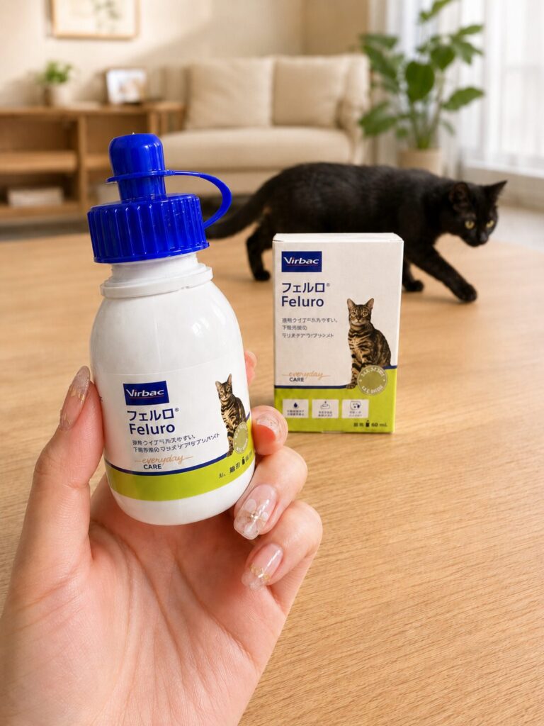 フェルロの容器のアップ。手に持った容器の後ろで黒猫がこちらを見ながら横切ろうとしている様子。