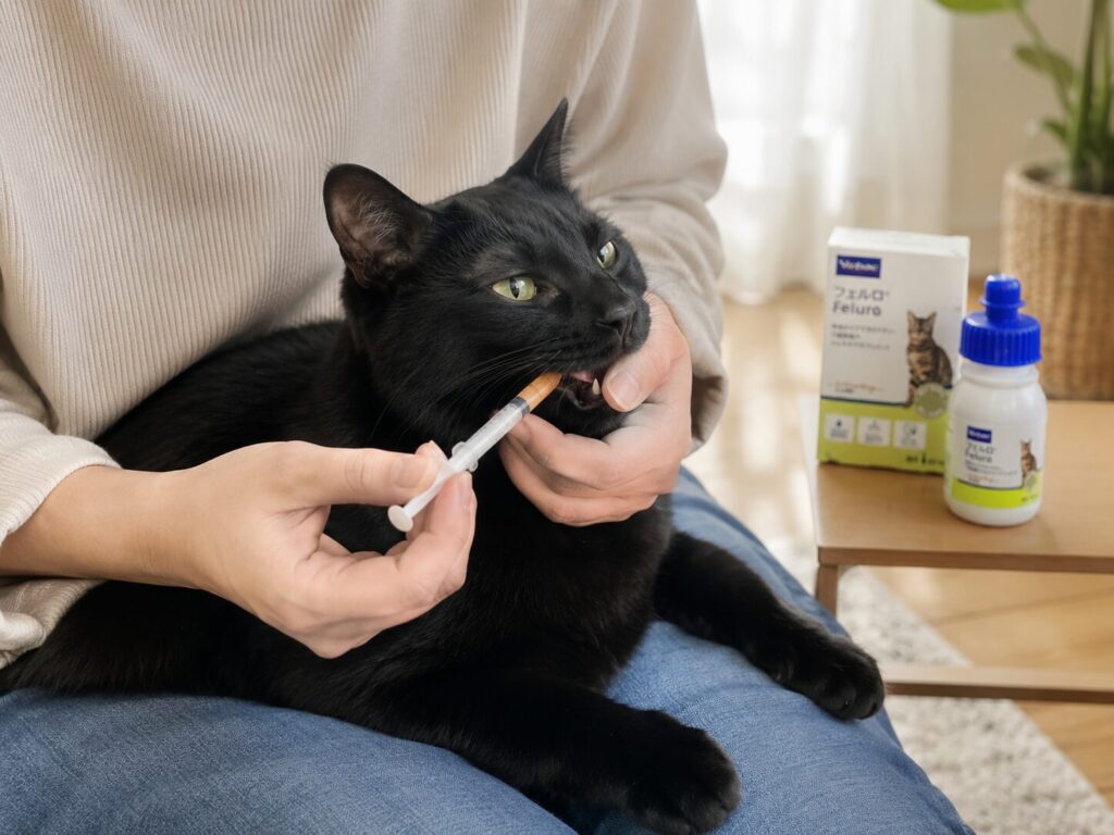 女性が黒猫をひざにのせて、シリンジでフェルロを口に流し込んでいる様子。