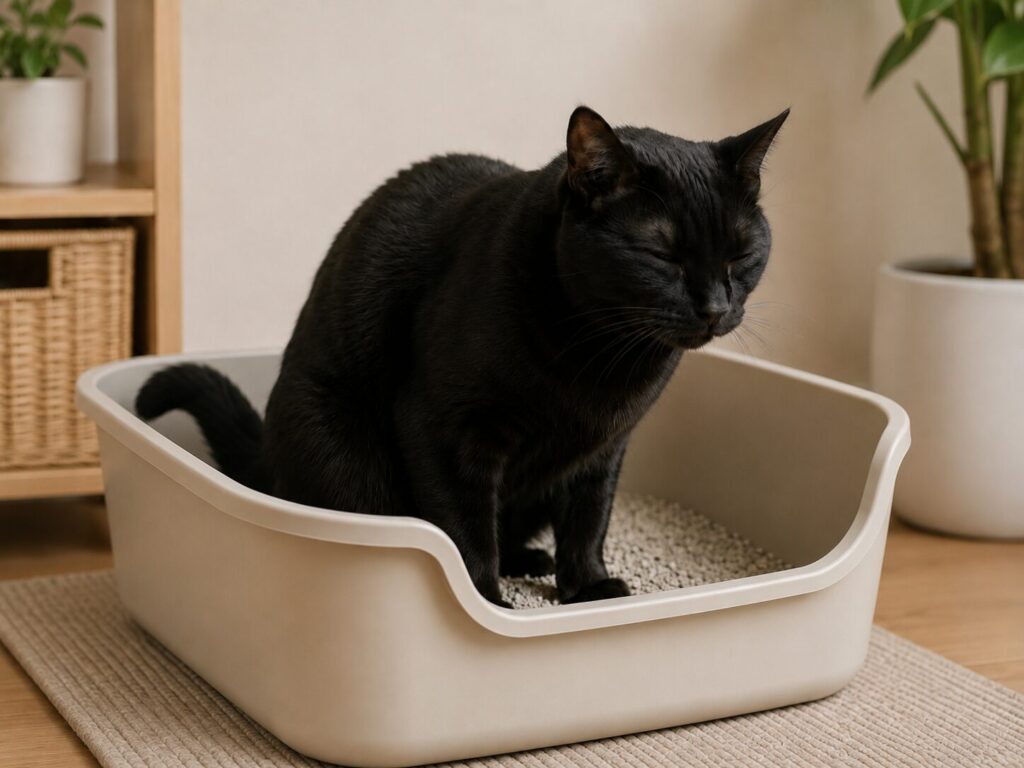 目を閉じて、真剣にトイレを頑張っている黒猫の様子。