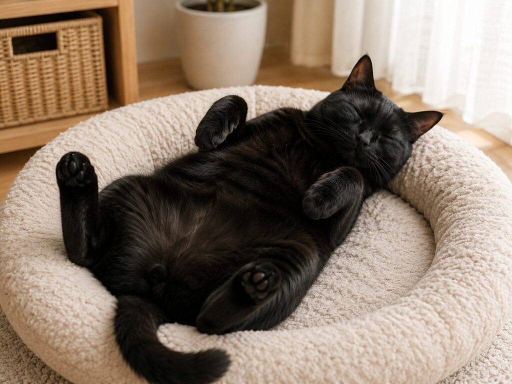 リラックスして、お腹を天に向けてぐっすり眠っている黒猫の様子。