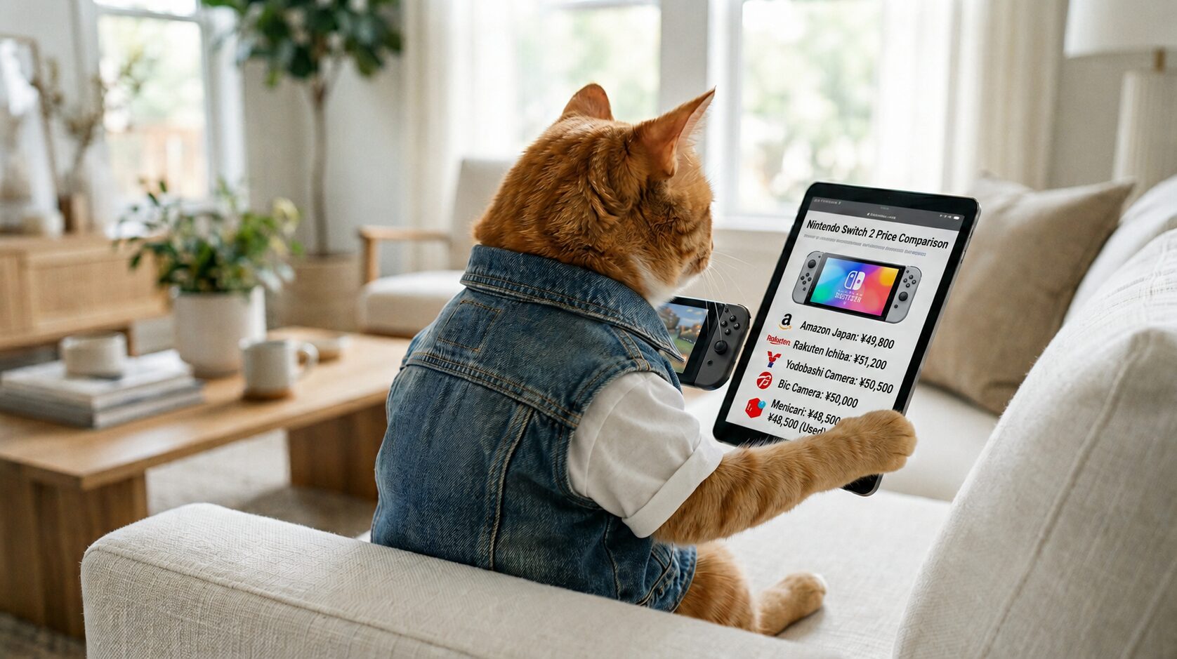 デニムジャケットを着た猫がタブレットでNintendo Switch 2の価格比較サイトを眺めている様子。